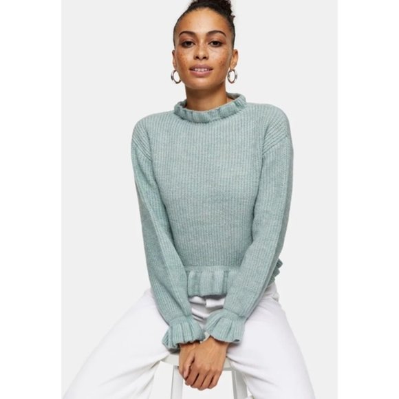 Topshop Sweater 14 Frill Ruffle Mock Neck Mint Blue NWOT - Picture 1 of 8